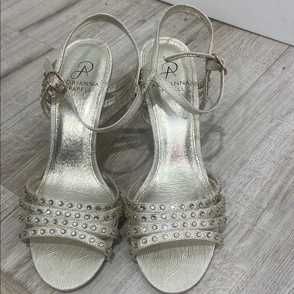 Adrianna Papell Metallic Gold Silver Heels with Crystal Embellishments